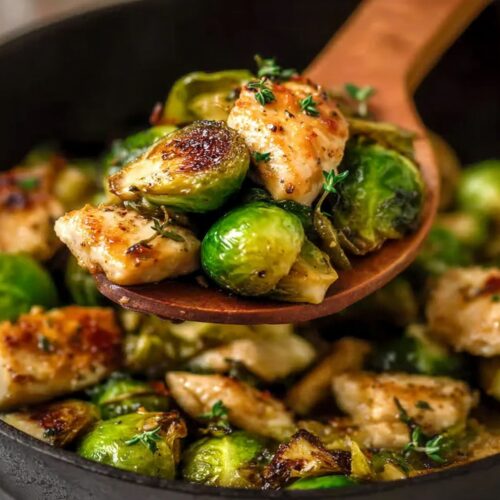 Chicken and Brussels sprouts in skillet