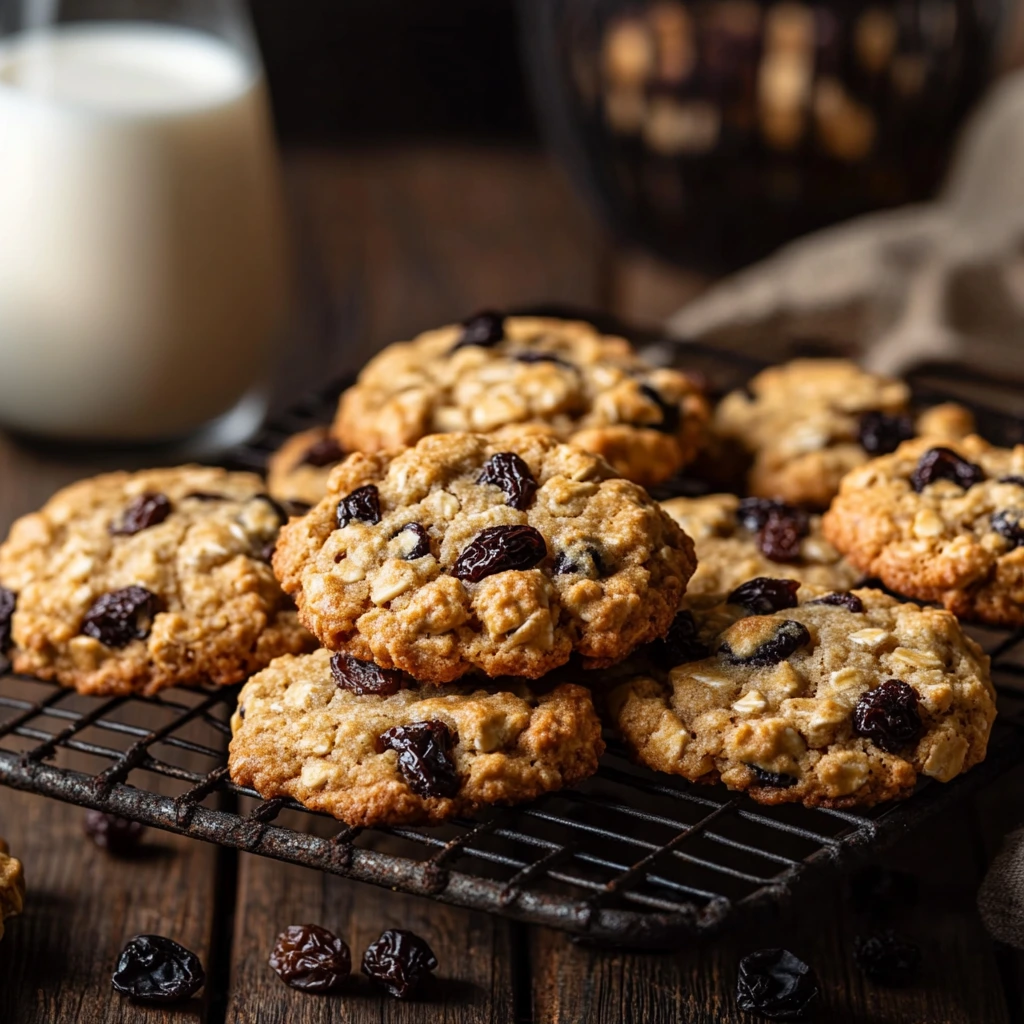 Oatmeal cookies with raisins and chocolate chips on a cooling rack.