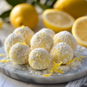 Close-up of lemon truffles rolled in powdered sugar on a marble plate with fresh lemons.