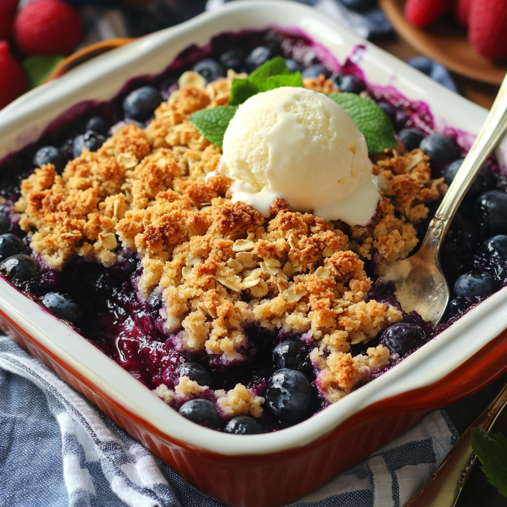 Blueberry oat crumble with a scoop of vanilla ice cream.