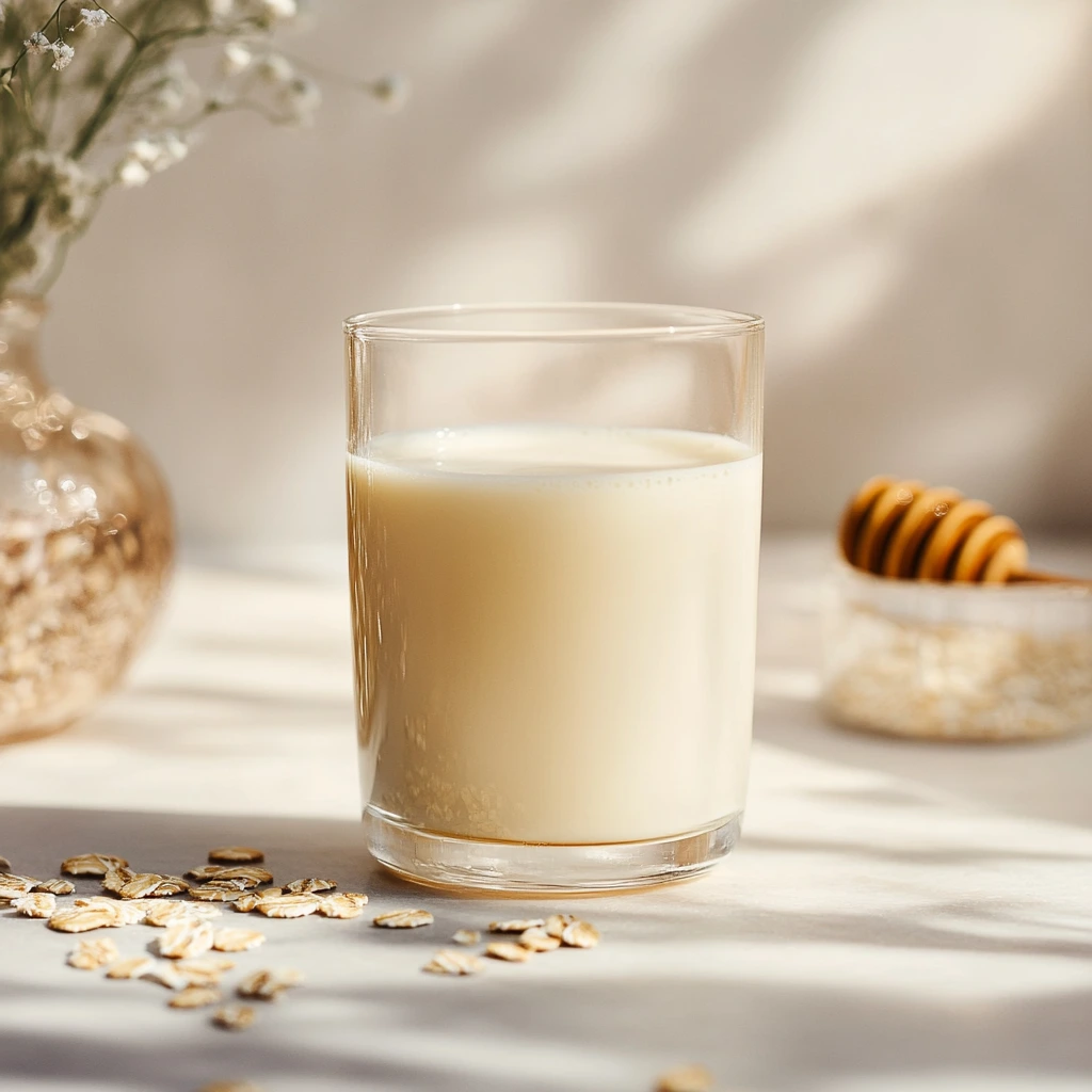 Glass of homemade oat milk with oats and honey.