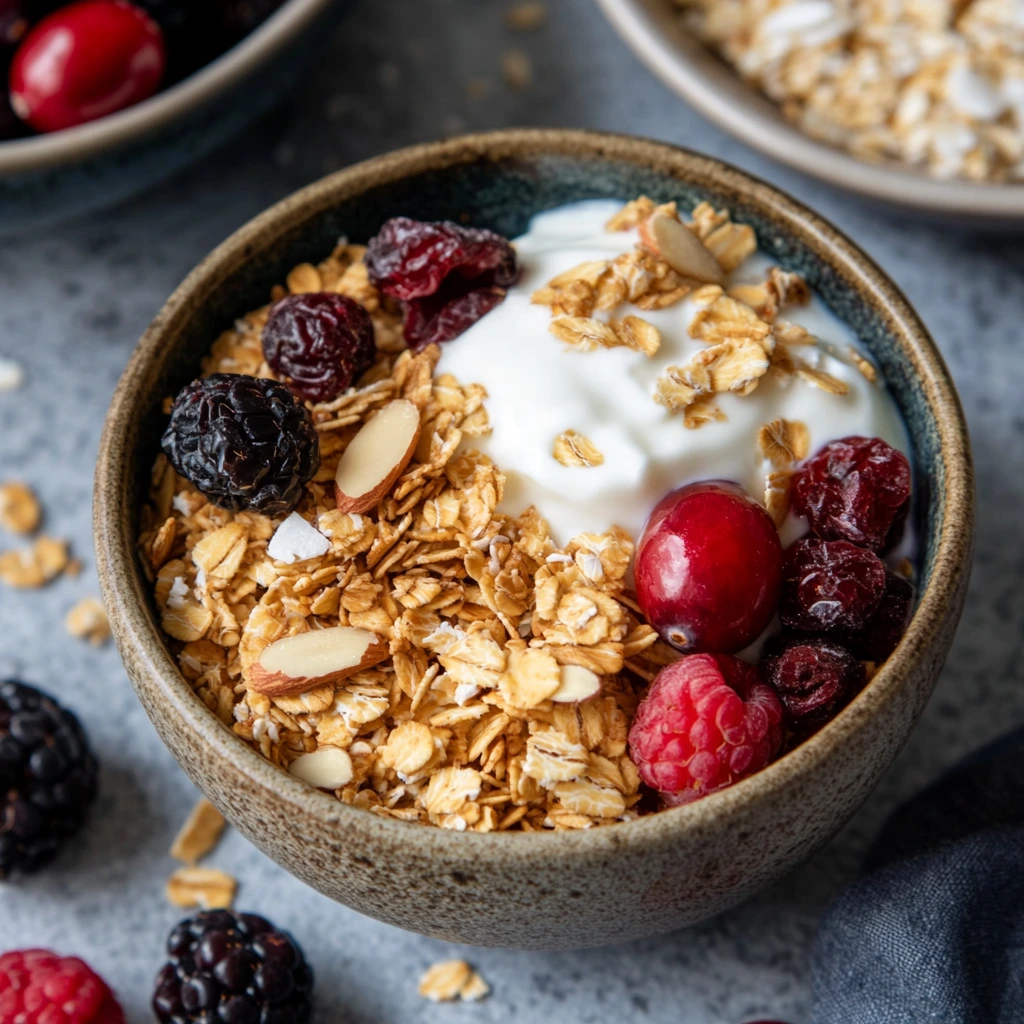 Jar of homemade oat granola with nuts and dried fruit.