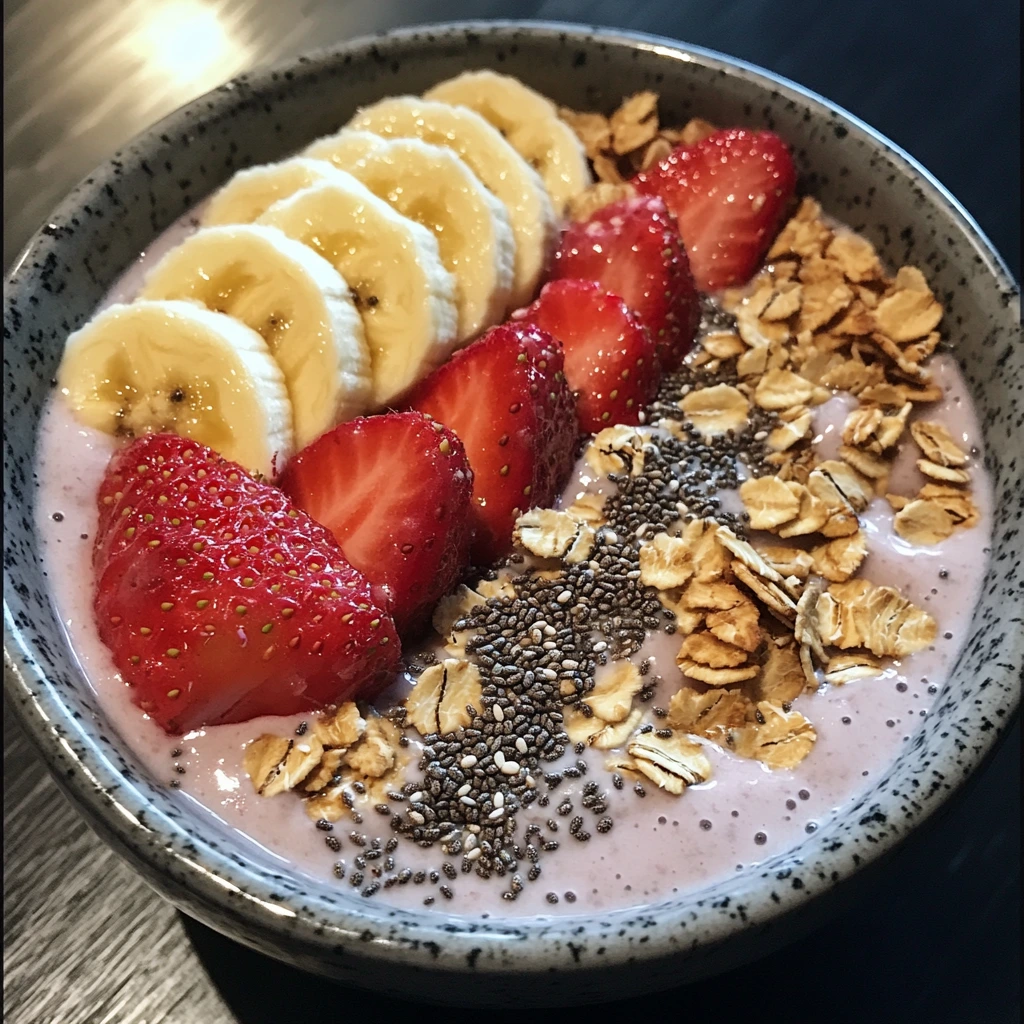 Colorful oat smoothie bowl topped with fresh fruits and seeds.