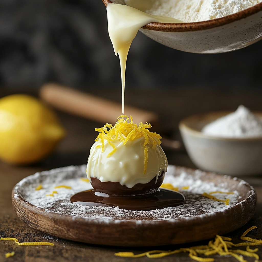 A lemon truffle being dipped into melted white chocolate with lemon zest and powdered sugar in the background.