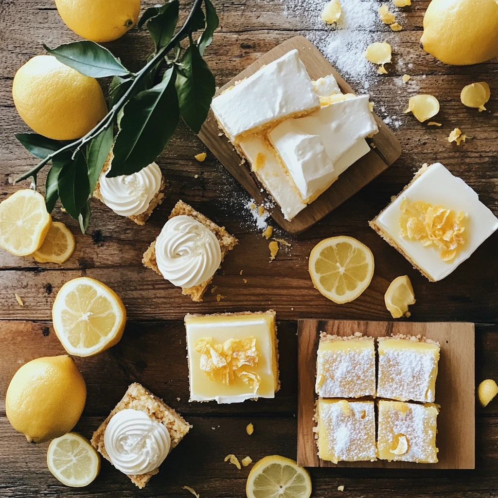 Flat-lay of lemon desserts including truffles, lemon bars, and meringue with lemon slices and a tree branch.