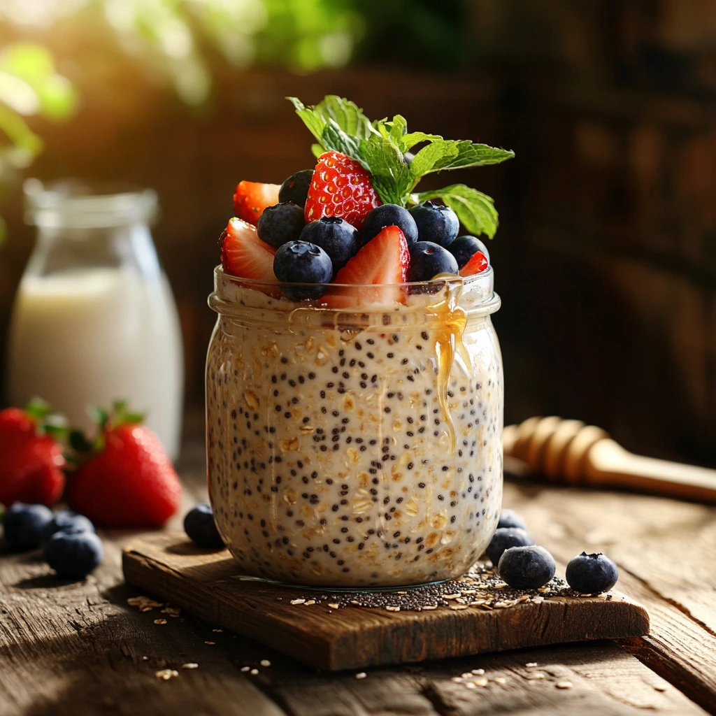 Jar of classic overnight oats topped with fresh berries and honey.