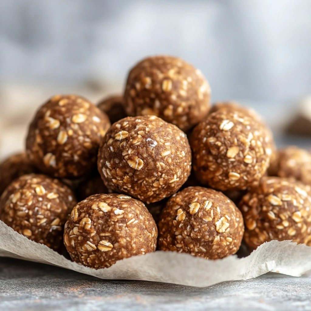 Chocolate peanut butter oat energy bites on parchment paper.