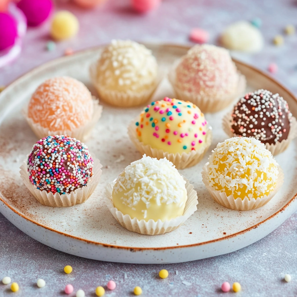 A platter of lemon truffles with variations including coconut coating, white chocolate drizzle, and colorful sprinkles.