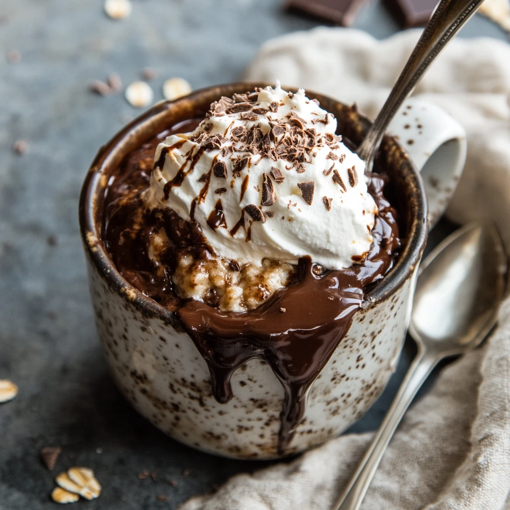 Chocolate oat mug cake topped with whipped cream and chocolate shavings.