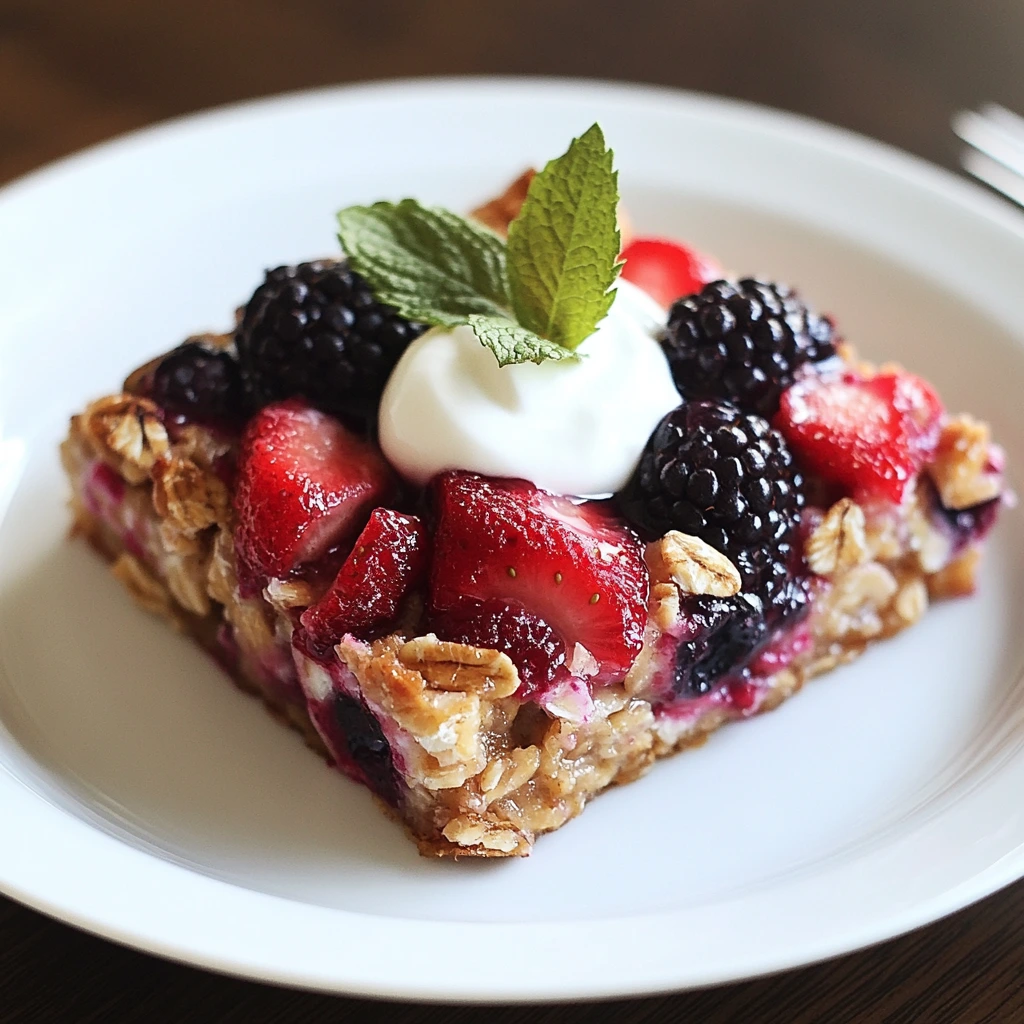 Slice of baked oatmeal with mixed berries on a plate.