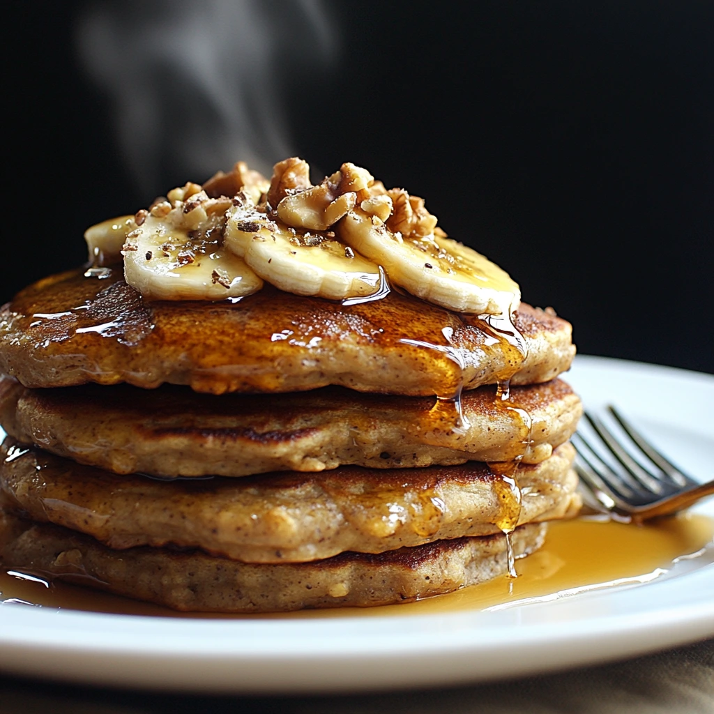 Stack of banana oat pancakes with sliced bananas and maple syrup.