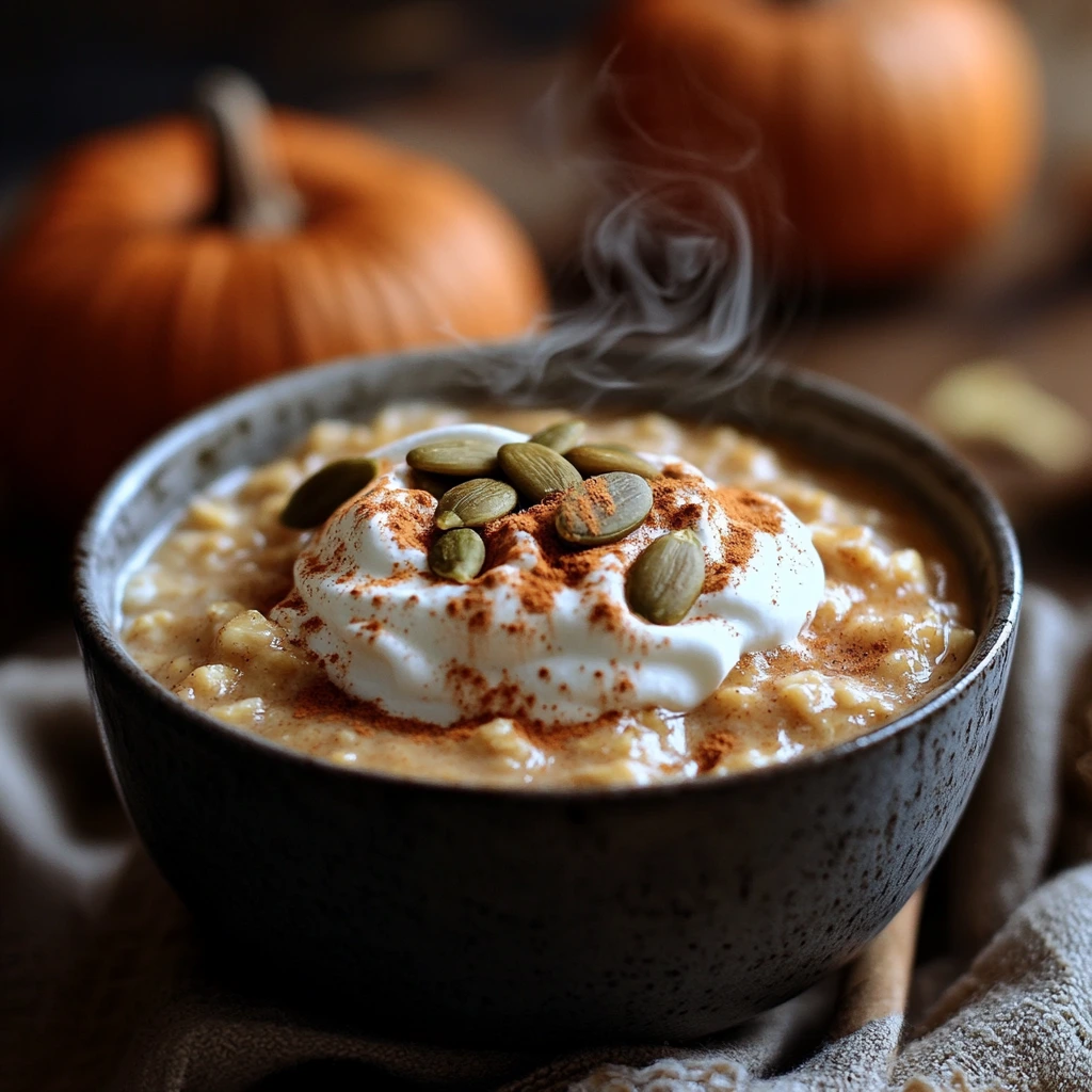 Bowl of pumpkin spice oatmeal topped with whipped cream and pumpkin seeds.