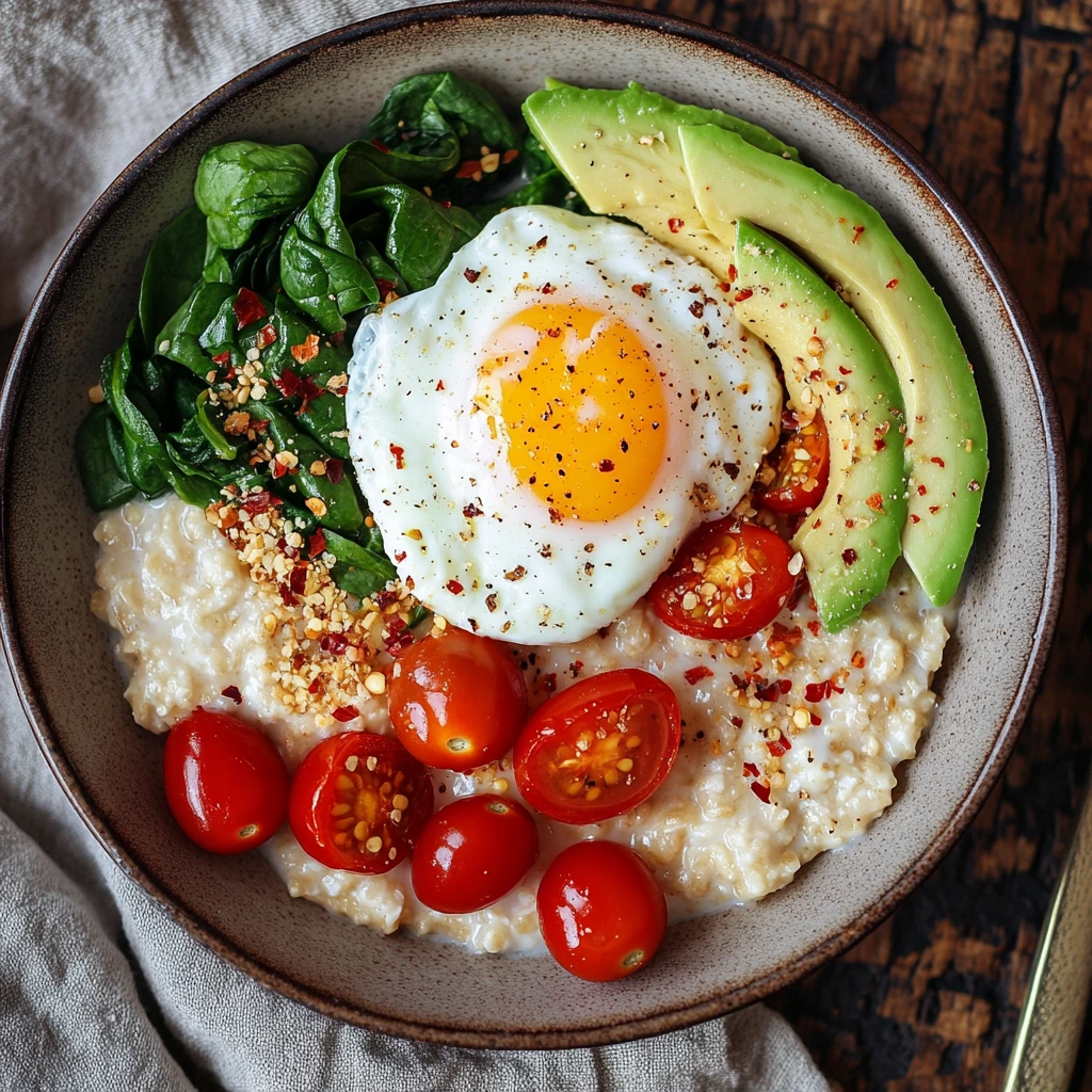 Savory oatmeal bowl with poached egg and avocado.