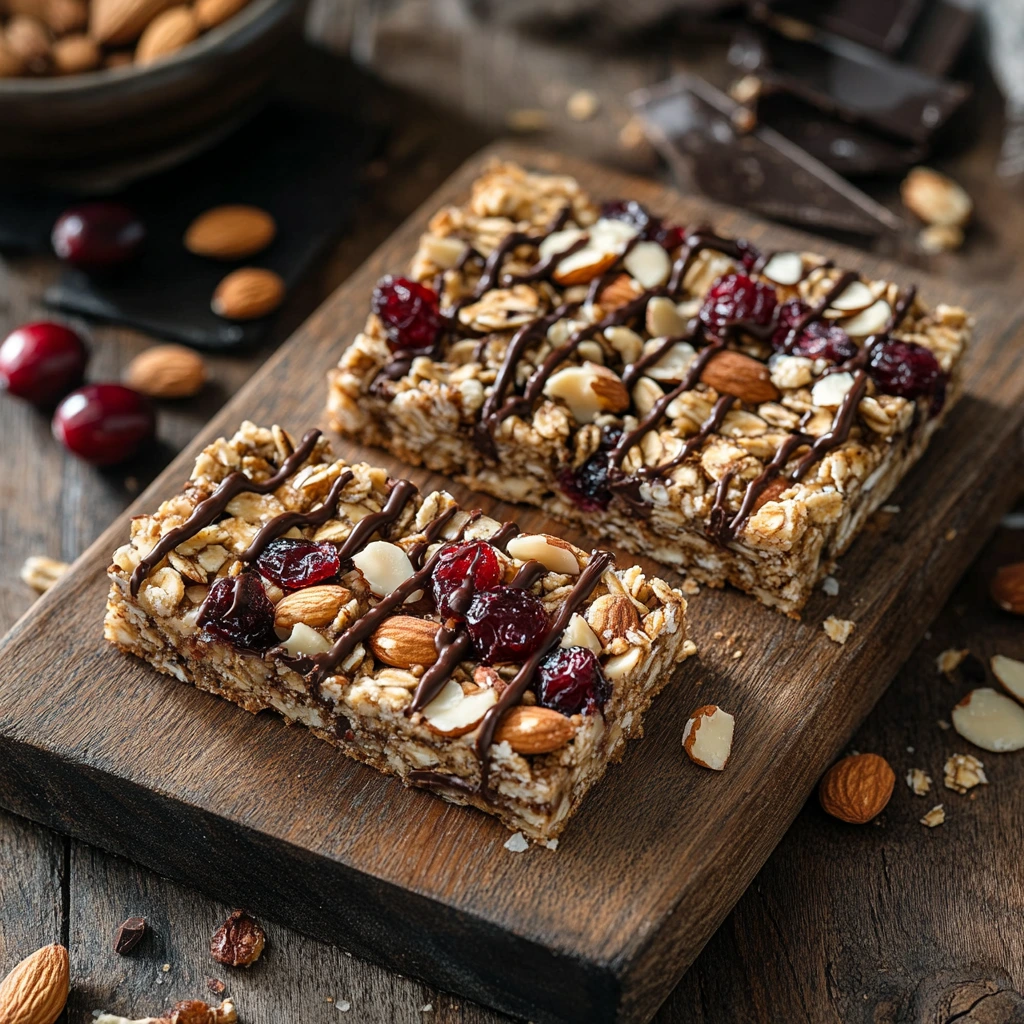 Oat and nut bars with chocolate drizzle on a cutting board.
