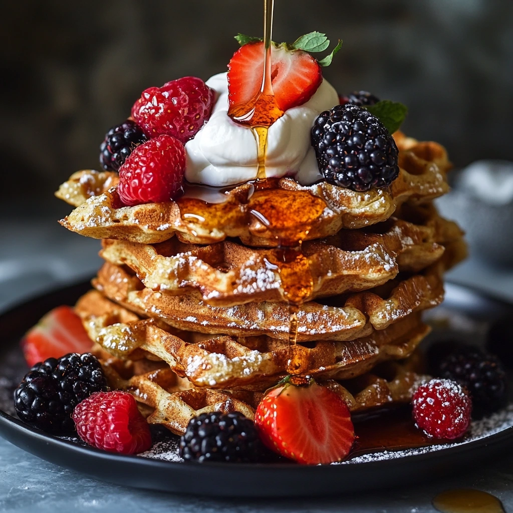 Stack of oat waffles with whipped cream and berries.