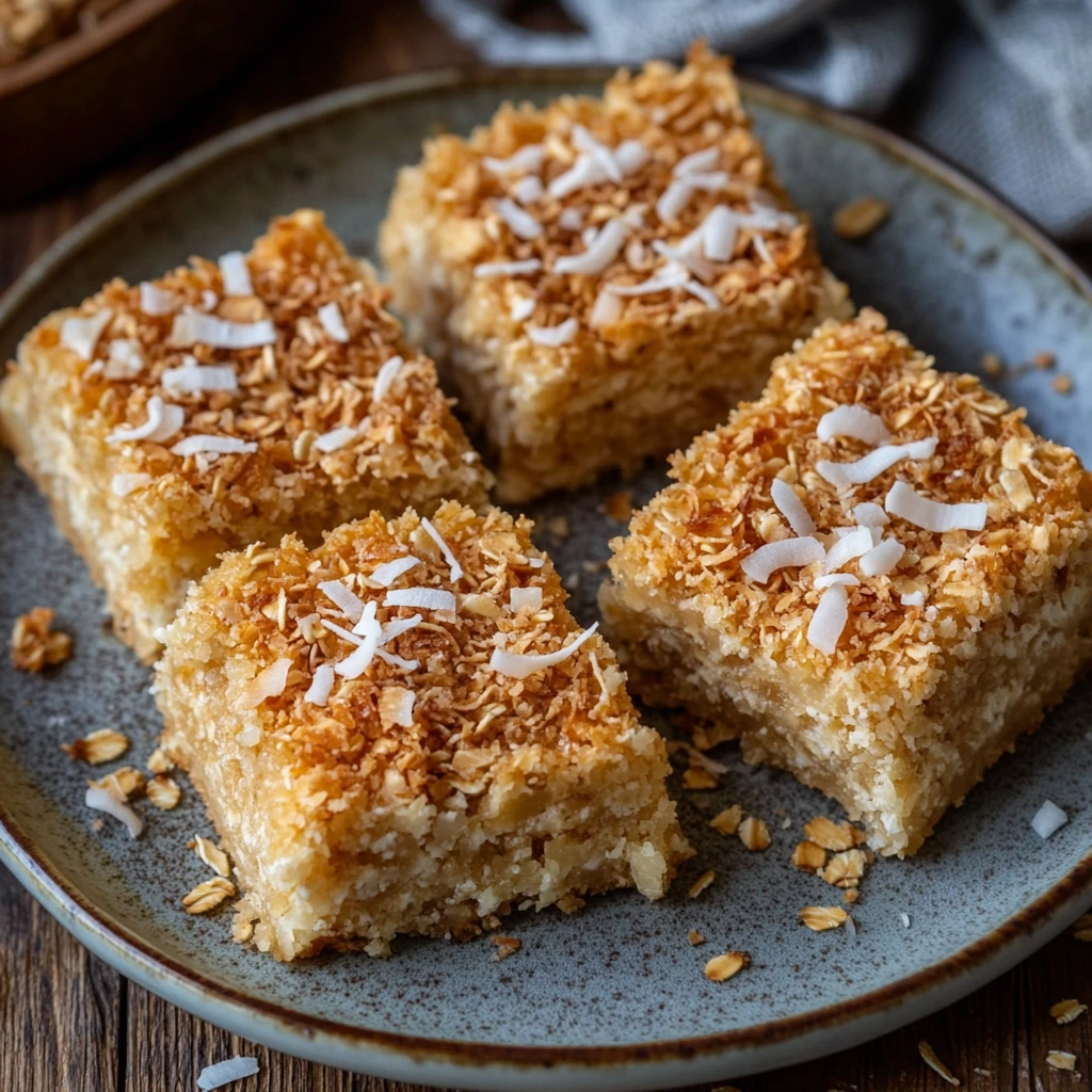 Coconut oat bars topped with toasted coconut flakes.