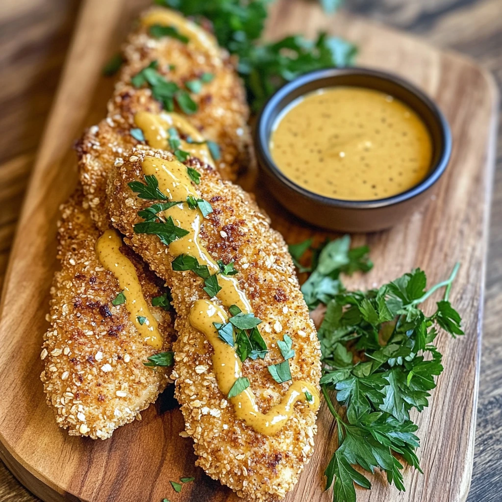 Oat-crusted chicken tenders with dipping sauce on a board.