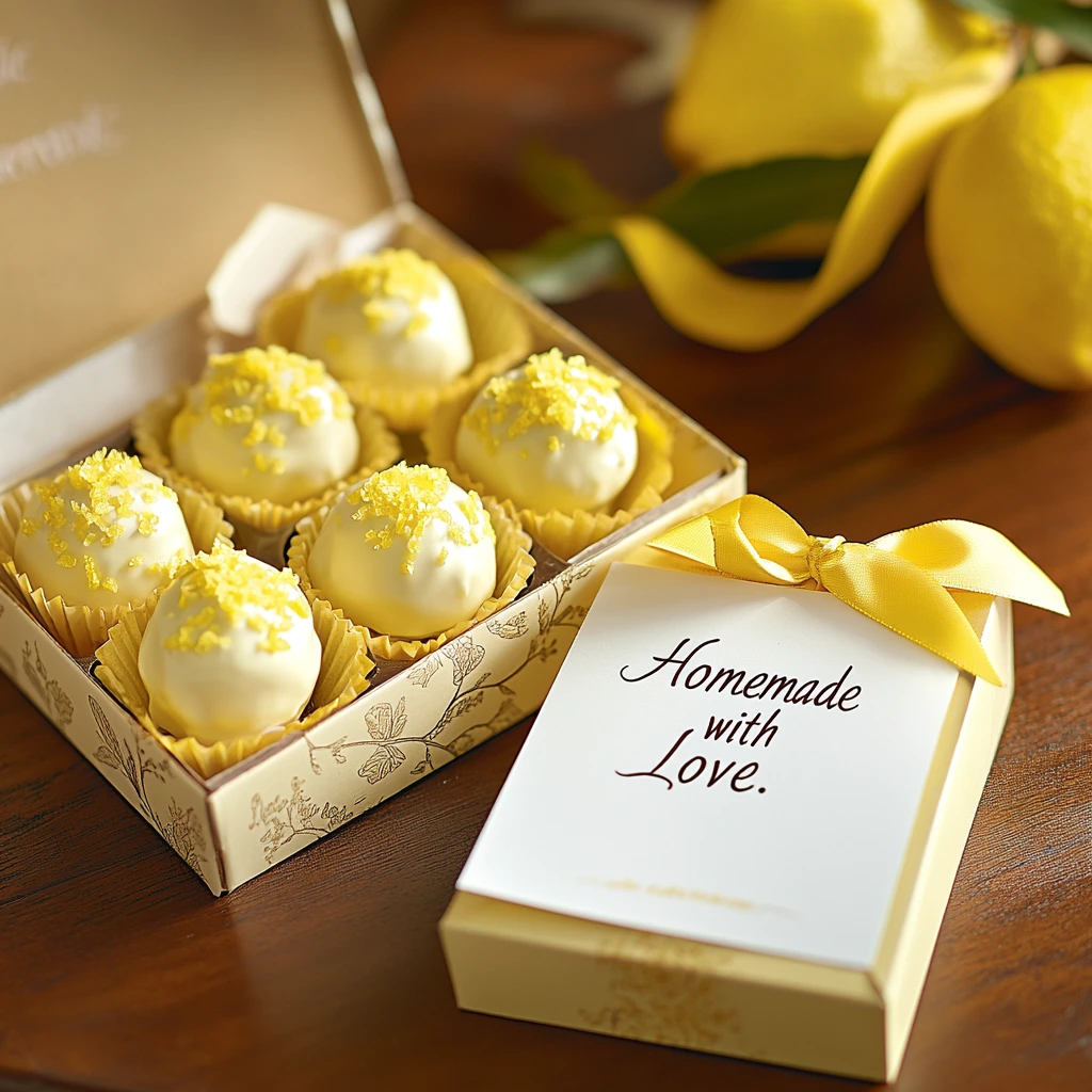 Gift box with lemon truffles in decorative liners tied with a yellow ribbon and a "Homemade with Love" note.