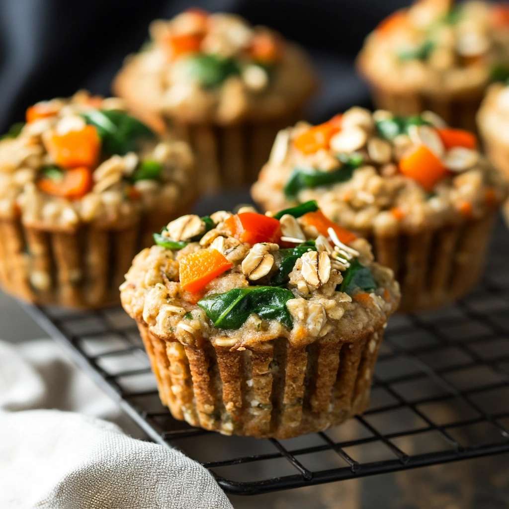 Savory oat muffins with vegetables on a wire rack.