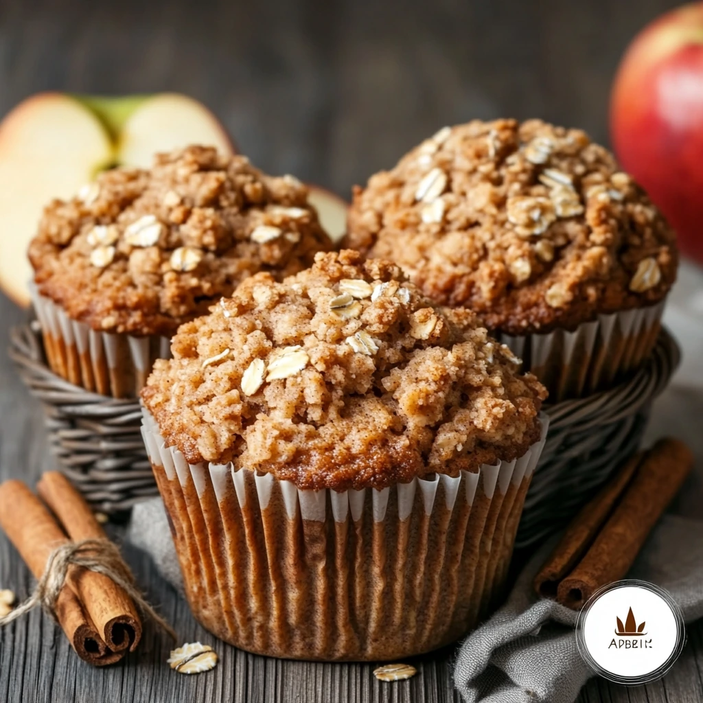 Apple cinnamon oat muffins with crumbly topping in a basket.