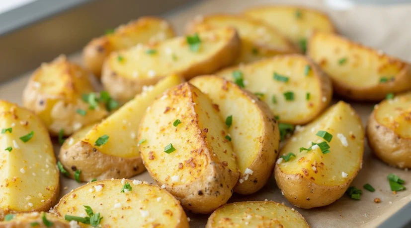 Golden-brown Parmesan baked potato wedges garnished with fresh parsley, served on a rustic plate, with a side of vibrant vegetables.