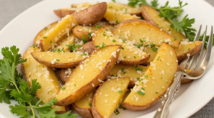 Golden-brown Parmesan baked potato wedges garnished with fresh parsley, served on a rustic plate, with a side of vibrant vegetables.