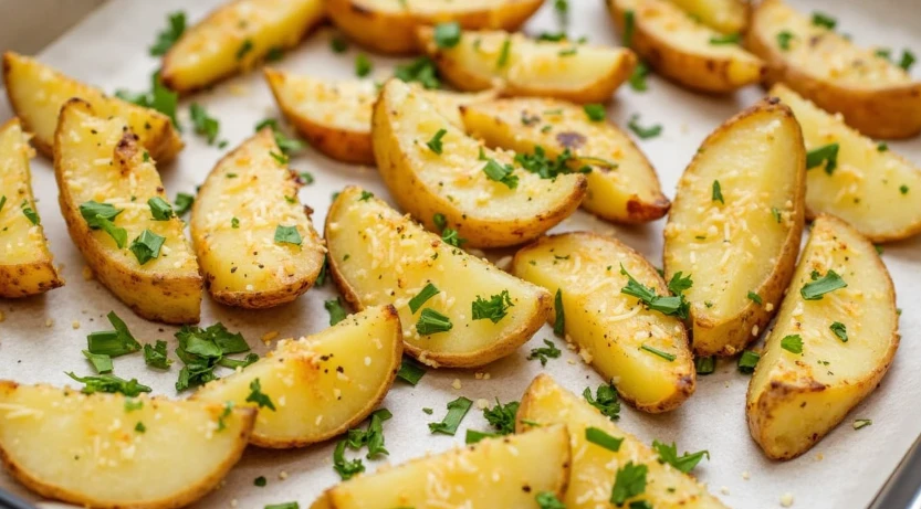 Golden-brown Parmesan baked potato wedges garnished with fresh parsley, served on a rustic plate, with a side of vibrant vegetables.