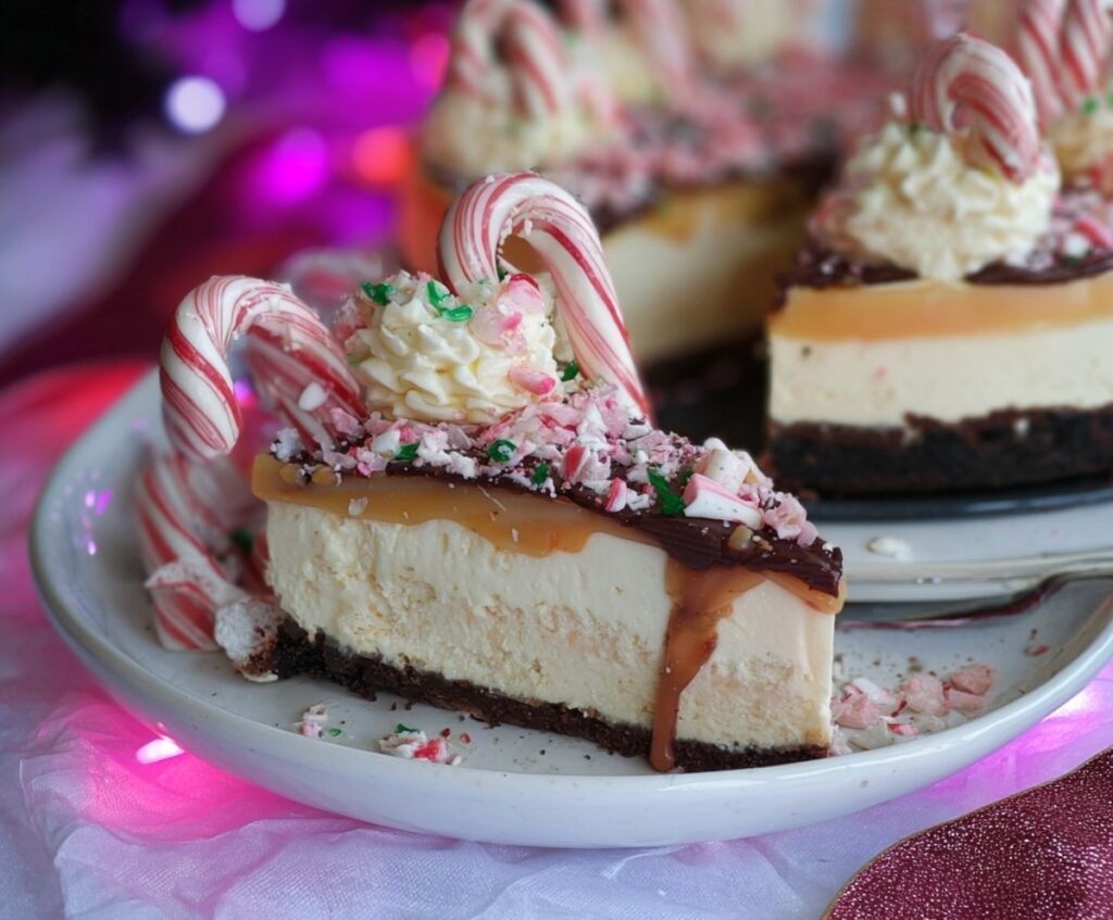 Slice of candy cane cheesecake with festive topping