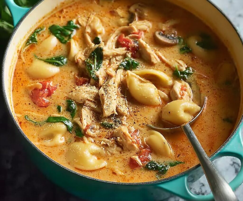 Creamy chicken soup with spinach and pasta