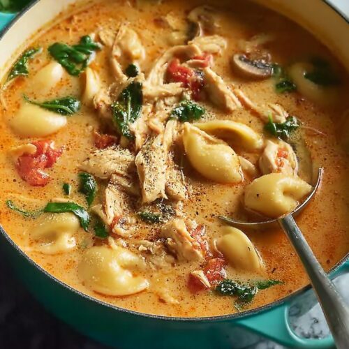 Creamy chicken soup with spinach and pasta