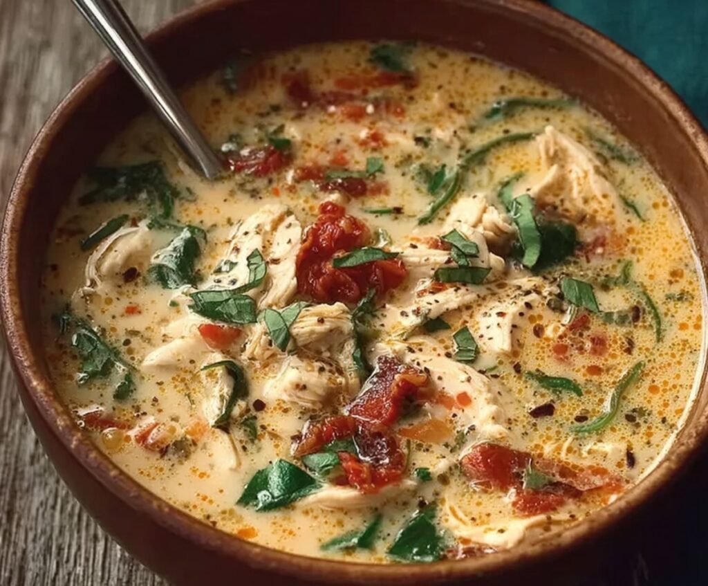 Creamy chicken soup garnished with herbs