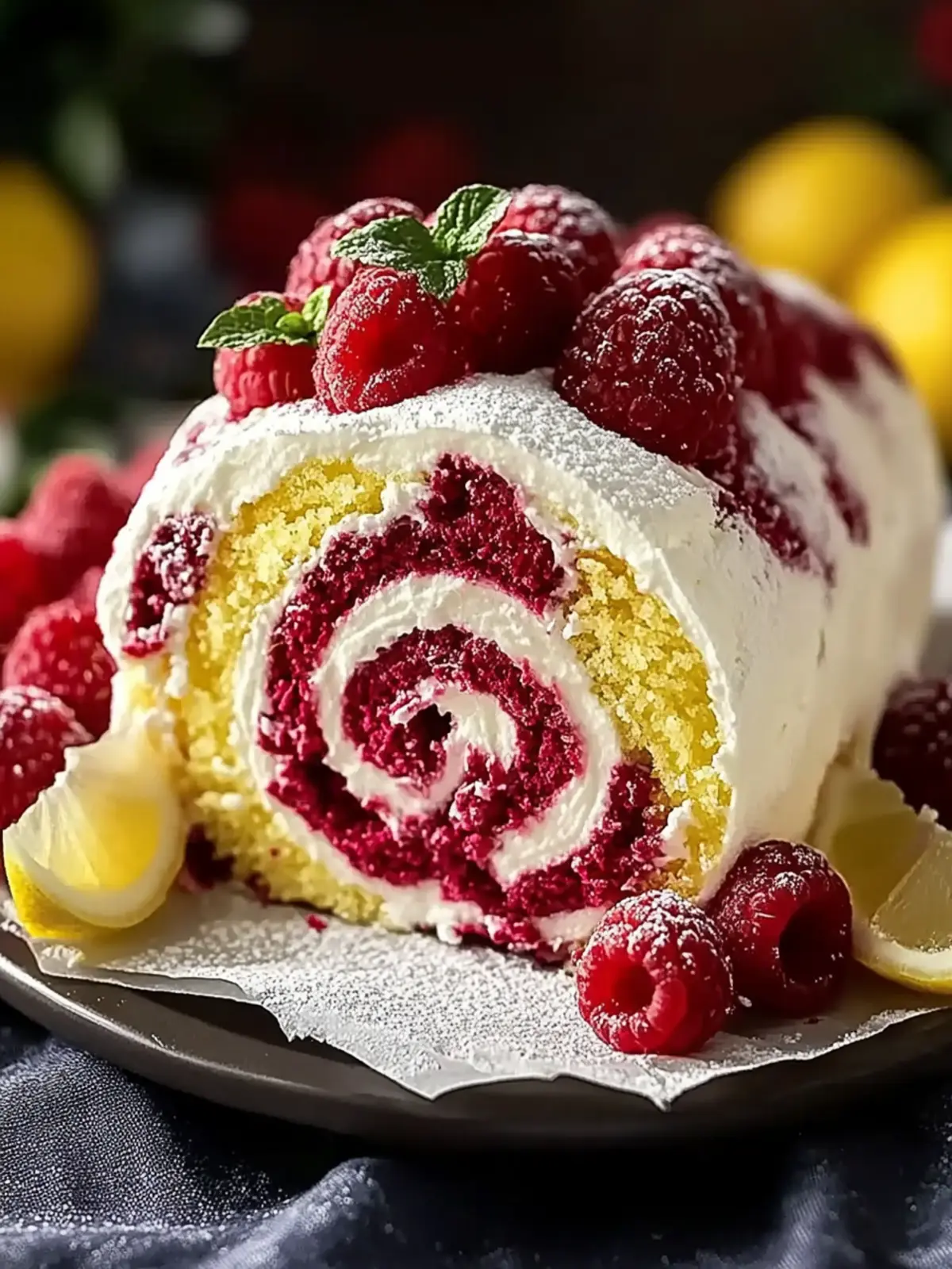 Lemon Raspberry Velvet Roll Cake