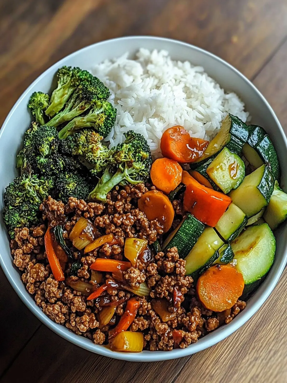 Spicy Ground Beef Stir-Fry Bowl with Garlic Veggies & Steamy Rice