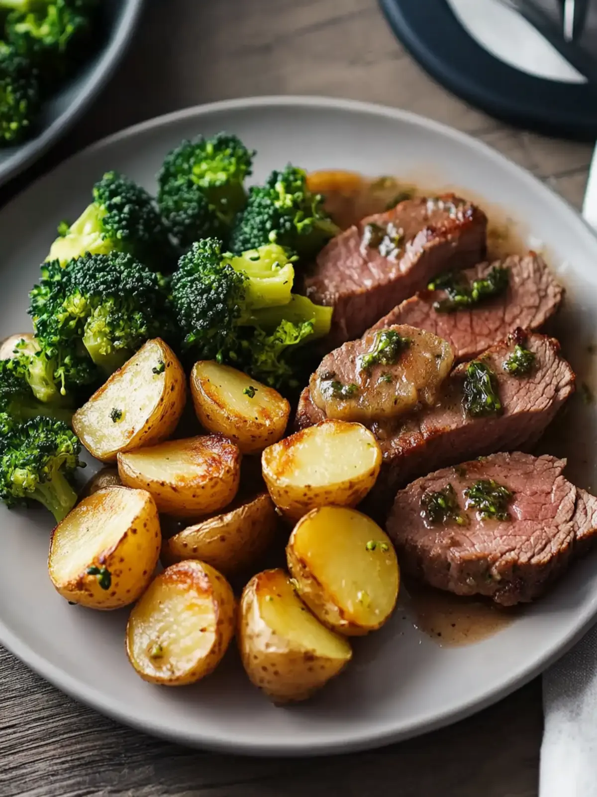 Beef with Herb-Roasted Potatoes & Steamed Broccoli
