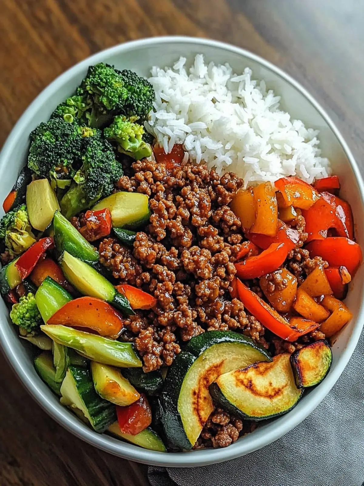 Spicy Ground Beef Stir-Fry Bowl with Garlic Veggies & Steamy Rice