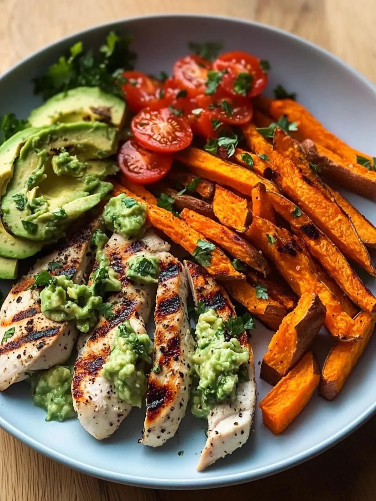 Grilled Herb Chicken with Sweet Potato Fries and Avocado Salsa