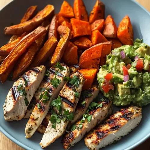 Grilled Herb Chicken with Sweet Potato Fries and Avocado Salsa