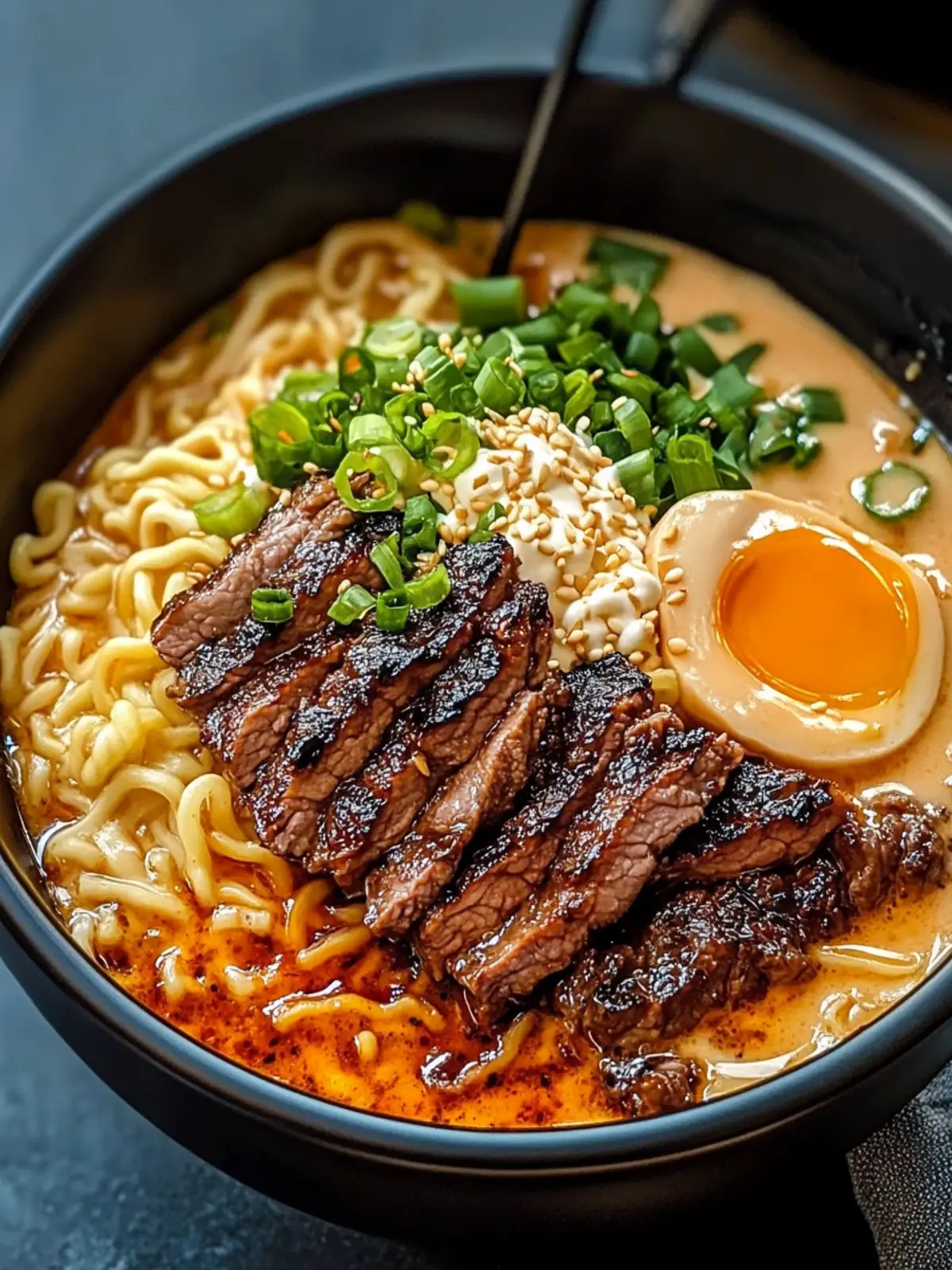 Spicy Korean Ramen with Grilled Beef & Creamy Sauce