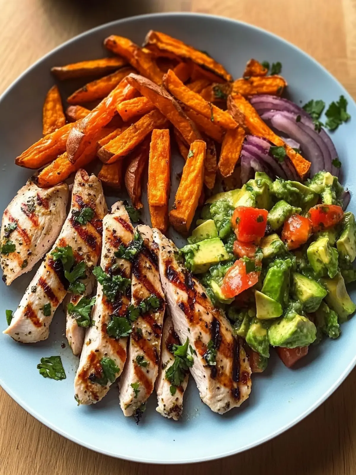 Grilled Herb Chicken with Sweet Potato Fries and Avocado Salsa