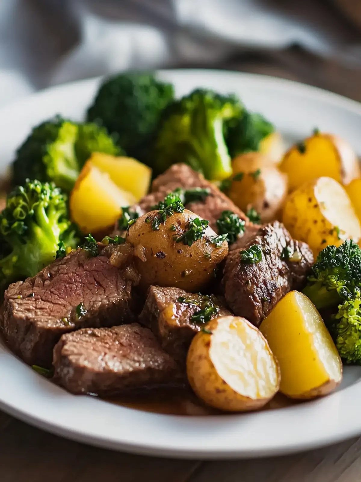 Beef with Herb-Roasted Potatoes & Steamed Broccoli