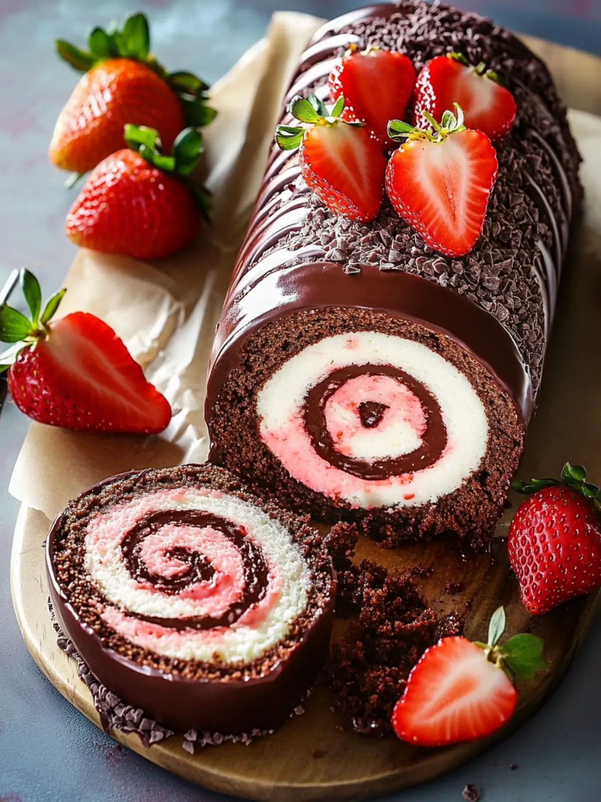 Chocolate-Covered Strawberry Swiss Roll Cake