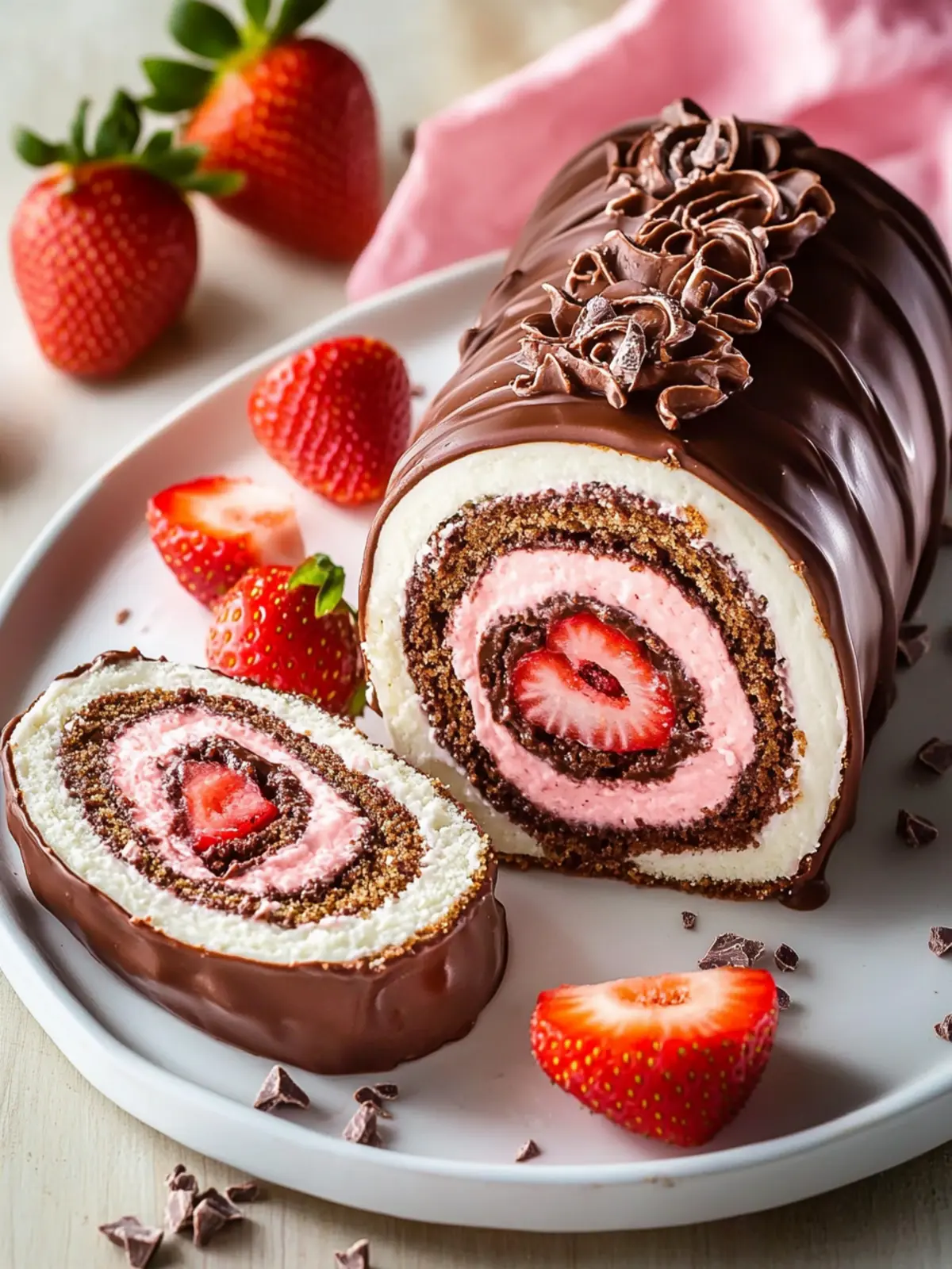 Chocolate-Covered Strawberry Swiss Roll Cake