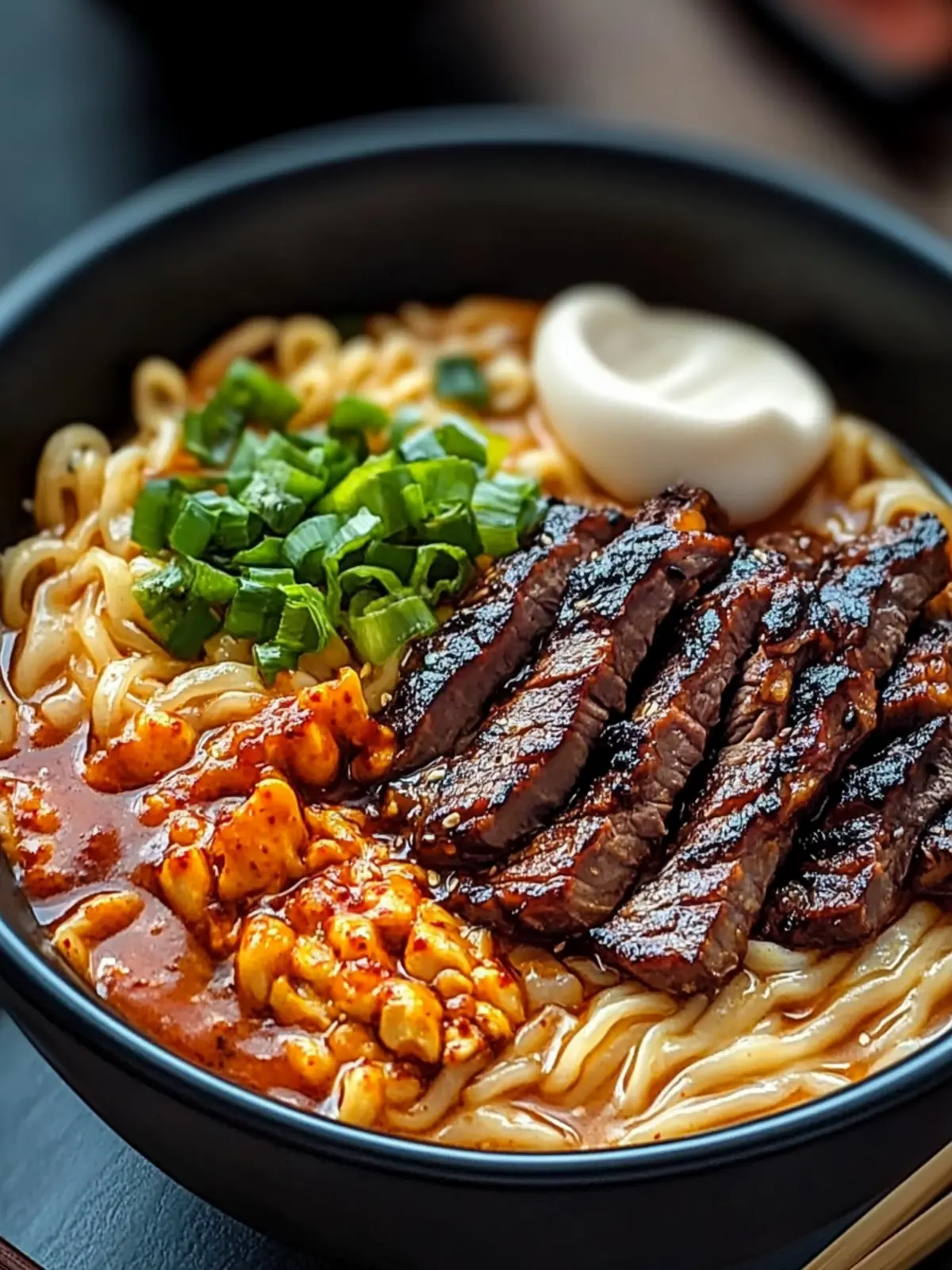 Spicy Korean Ramen with Grilled Beef & Creamy Sauce