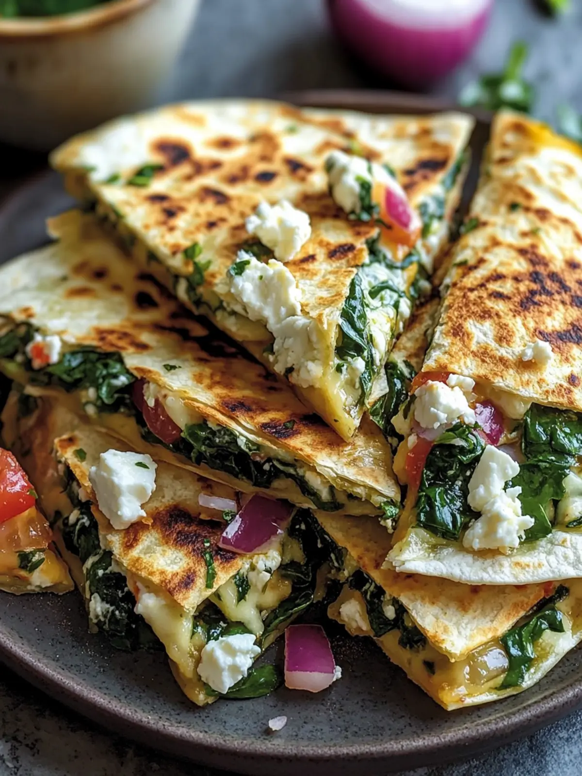 Mediterranean Quesadillas with Spinach, Feta, Mozzarella, and Red Onion