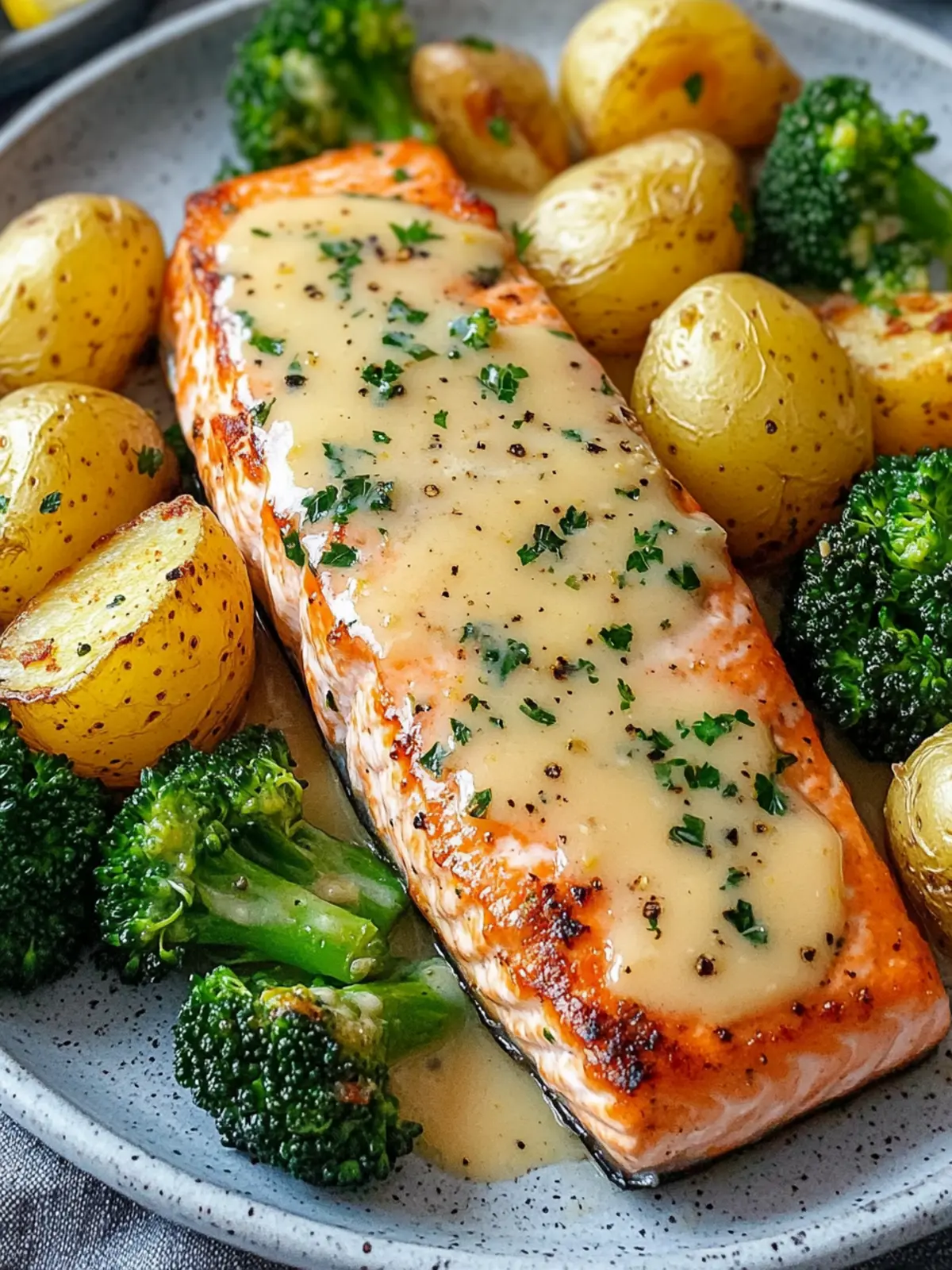 Lemon Butter Salmon with Crispy Potatoes and Broccoli Recipe