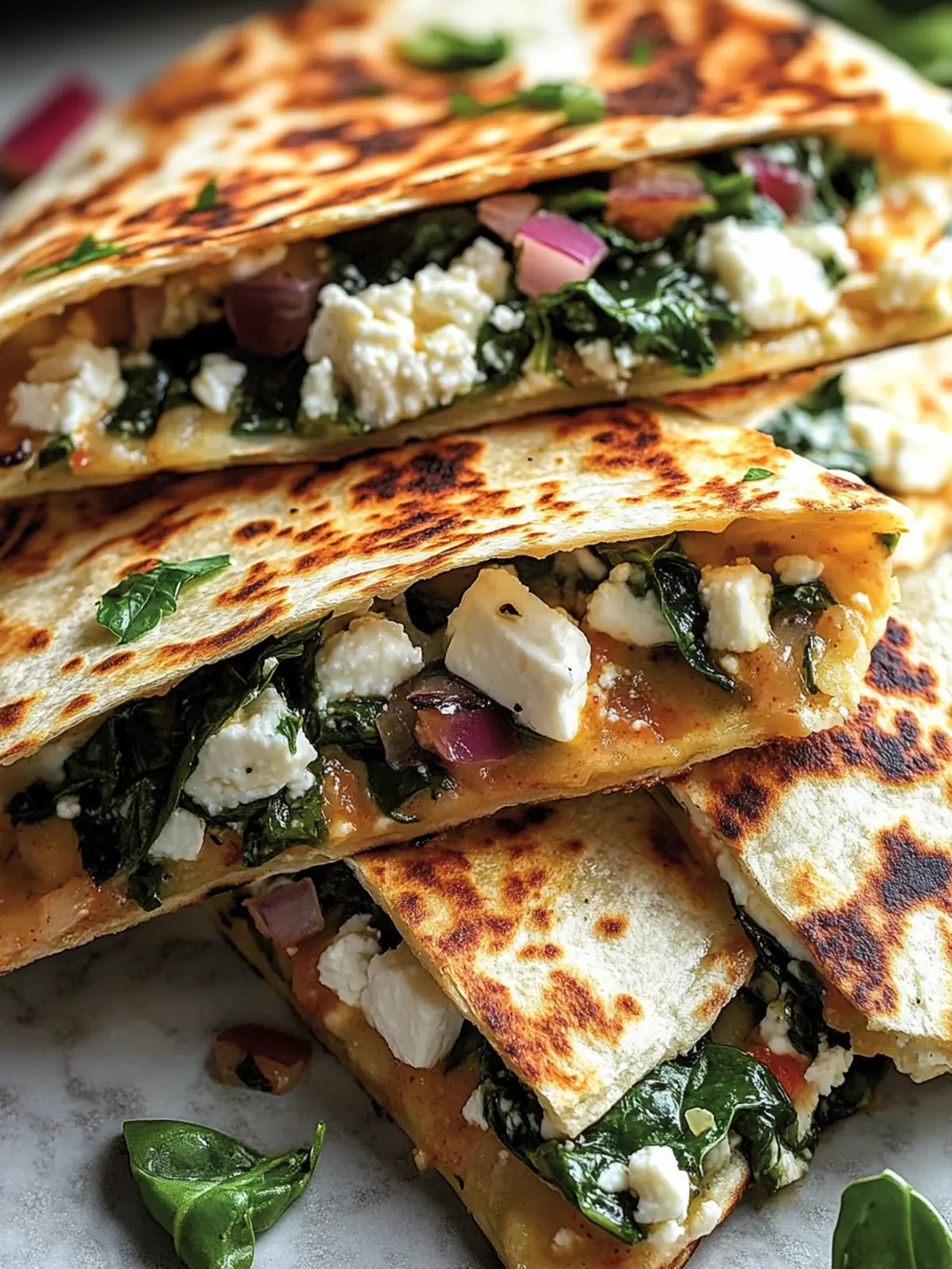 Mediterranean Quesadillas with Spinach, Feta, Mozzarella, and Red Onion