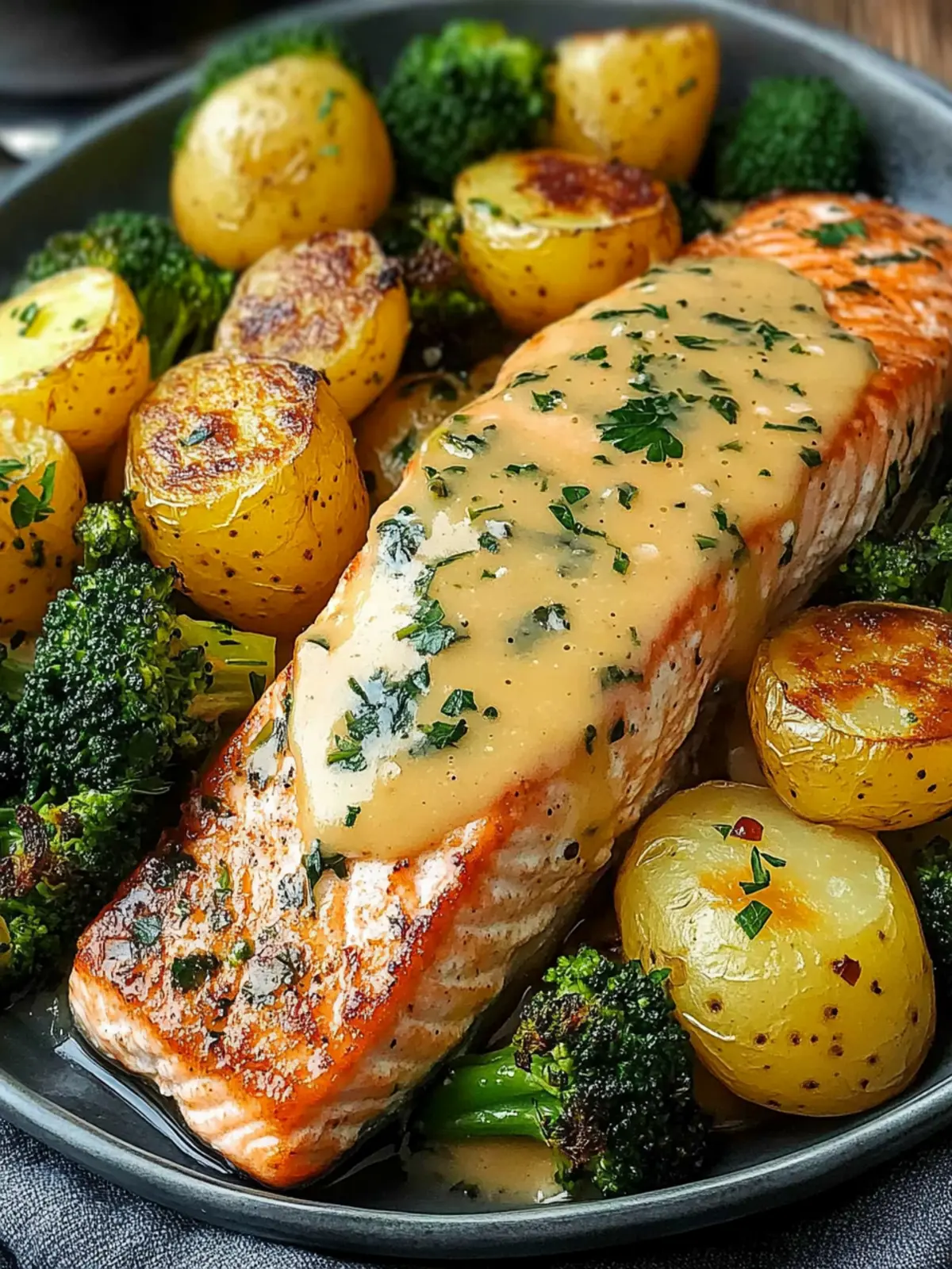 Lemon Butter Salmon with Crispy Potatoes and Broccoli Recipe
