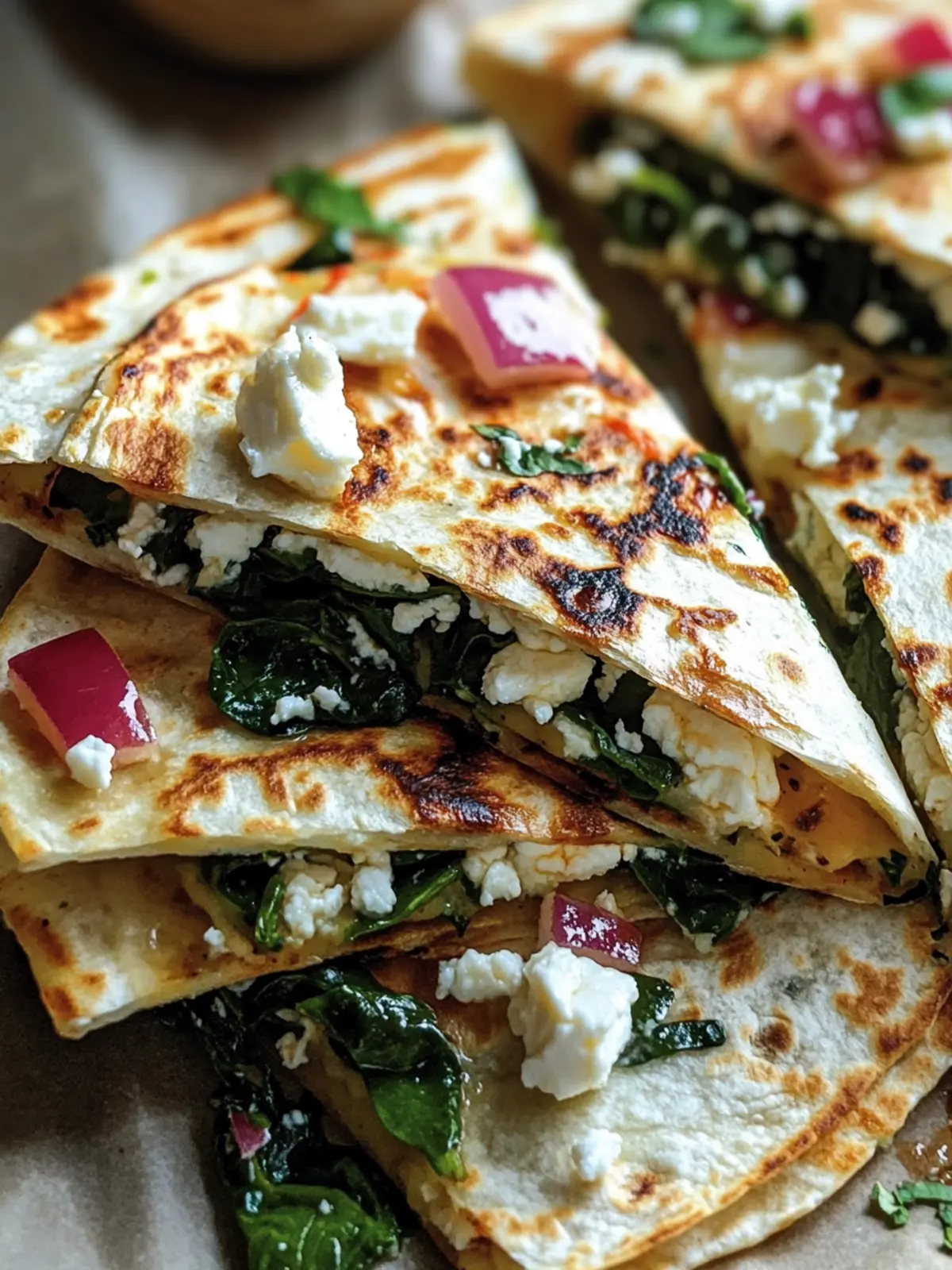Mediterranean Quesadillas with Spinach, Feta, Mozzarella, and Red Onion