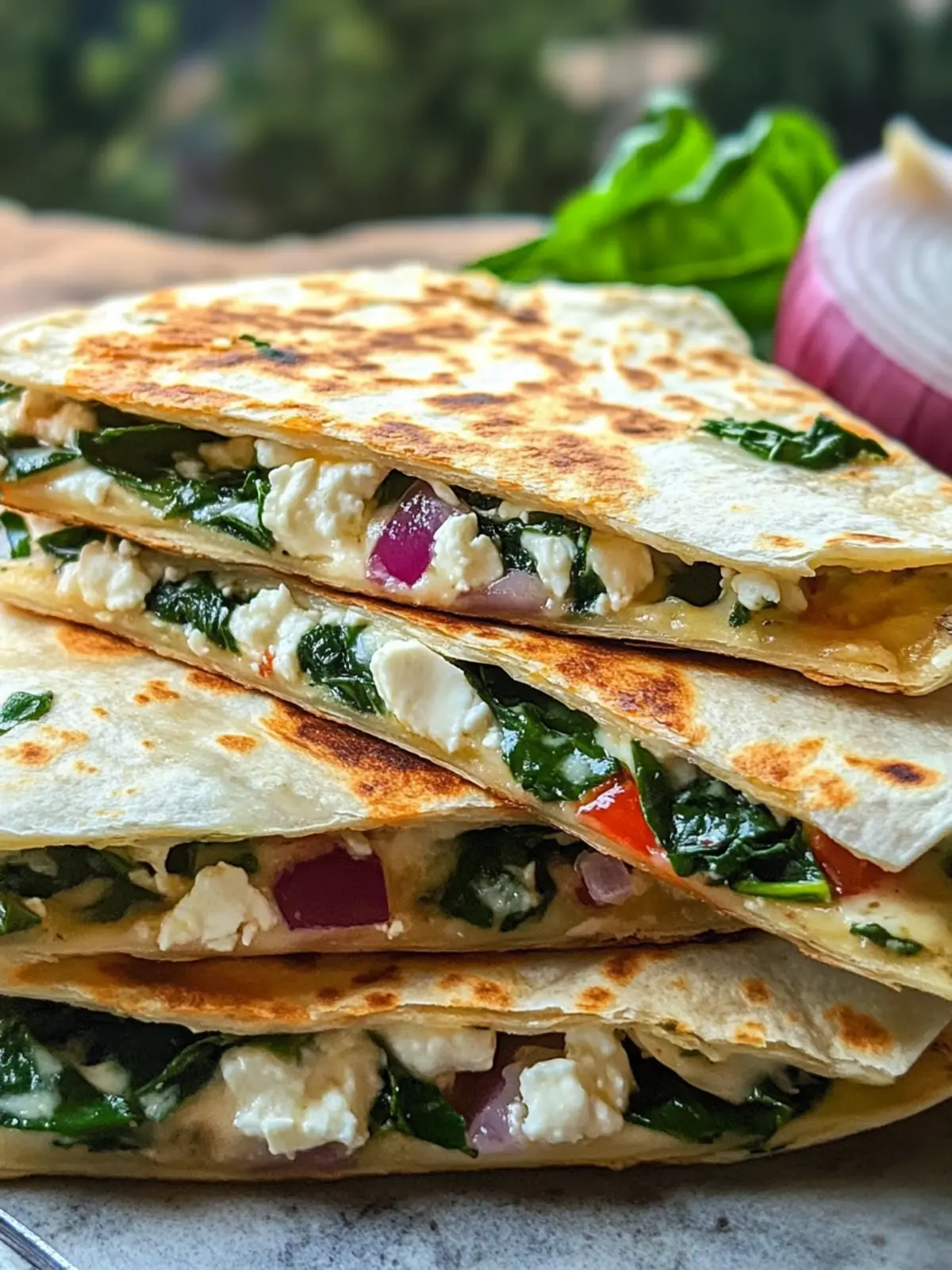 Mediterranean Quesadillas with Spinach, Feta, Mozzarella, and Red Onion