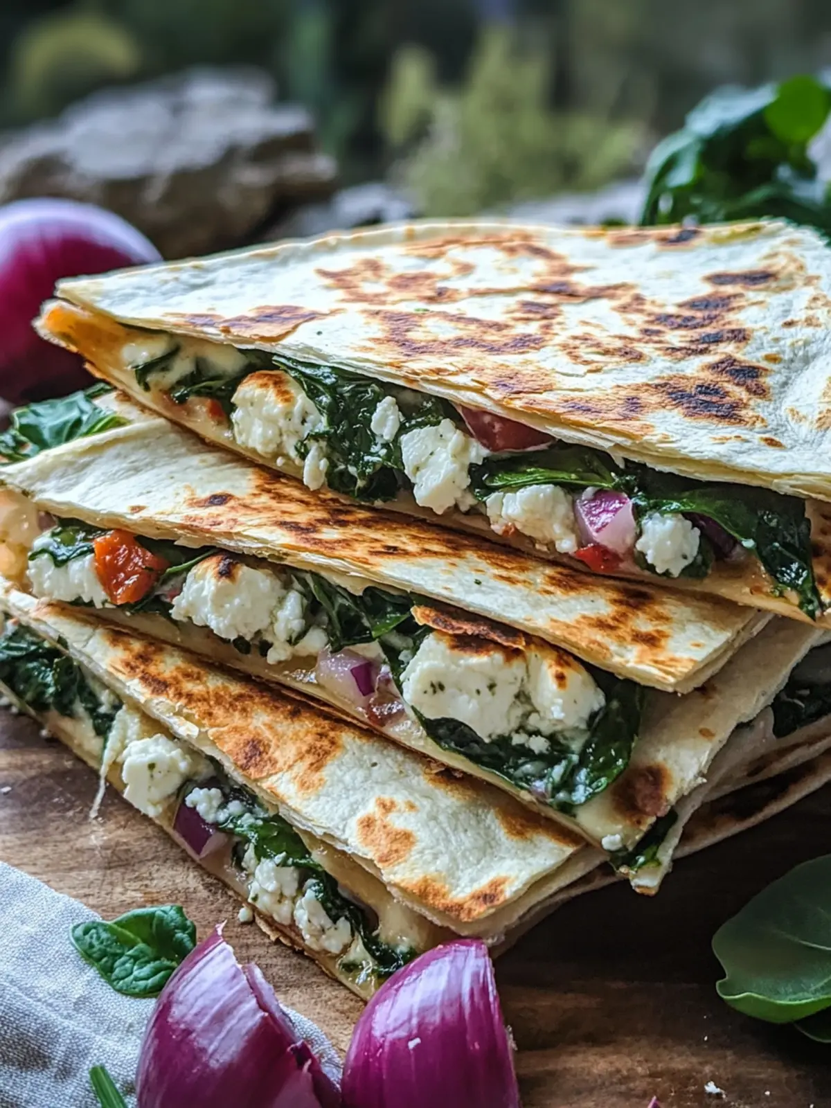 Mediterranean Quesadillas with Spinach, Feta, Mozzarella, and Red Onion